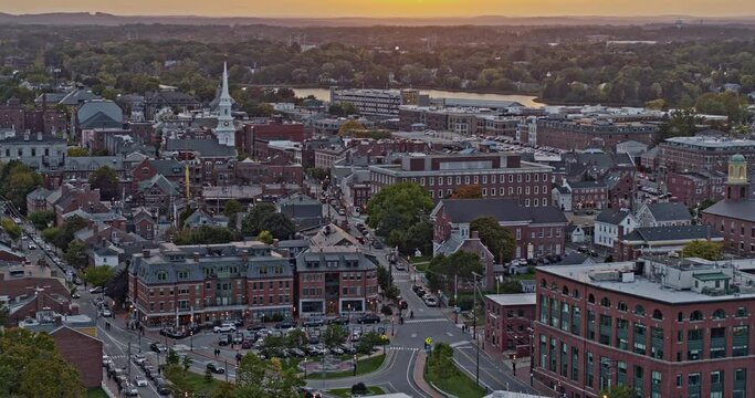 Portsmouth New Hampshire Aerial v19 birds eye view, flying along daniel street leading to congress, with victorian style brick row houses - Shot with Inspire 2, X7 camera - October 2021