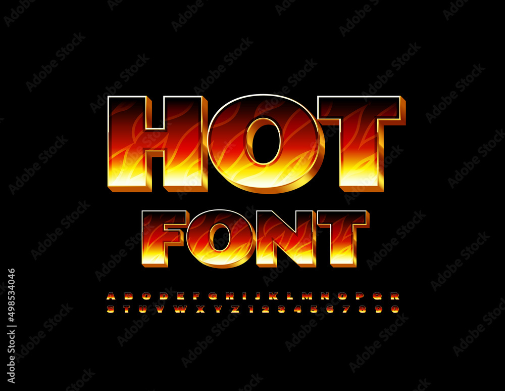 Poster vector hot font. fire pattern alphabet. bright flammable letters and numbers set
