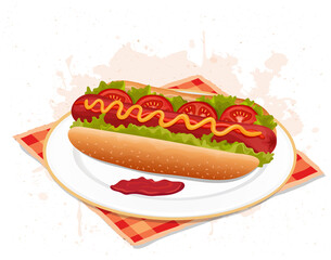 Hot Dog fast food vector illustration in the plate with red sauce