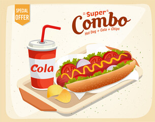 Hot dog vector illustration with a cold drink on white background