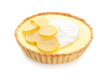 Tasty baked lemon pie on white background