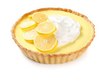 Tasty baked lemon pie on white background