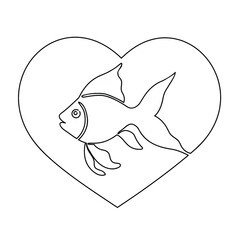 The fish is inscribed in the heart. Drawn in one continuous line on a white background. Isolated stock vector illustration