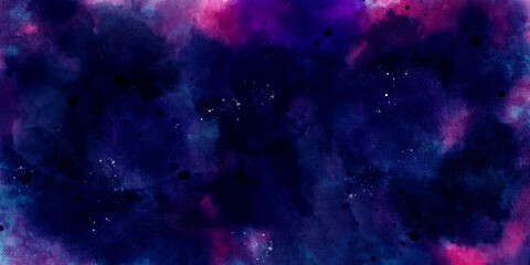 Fototapeta na wymiar abstract night sky space watercolor background with stars. watercolor dark blue nebula universe. watercolor hand drawn illustration. Blue and pink gradient watercolor ombre leaks and splashes texture.