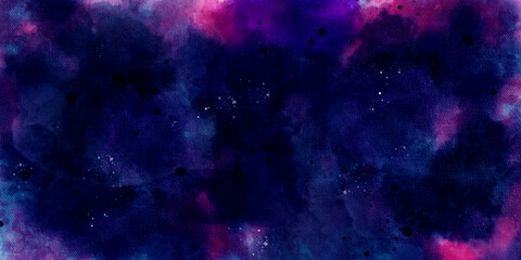 abstract night sky space watercolor background with stars. watercolor dark blue nebula universe. watercolor hand drawn illustration. Blue and pink gradient watercolor ombre leaks and splashes texture.