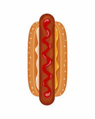 Hot dog top view. An image of a hot dog with sausage, drizzled with ketchup and sprinkled with mustard. Fast food. Vector illustration isolated on a white background