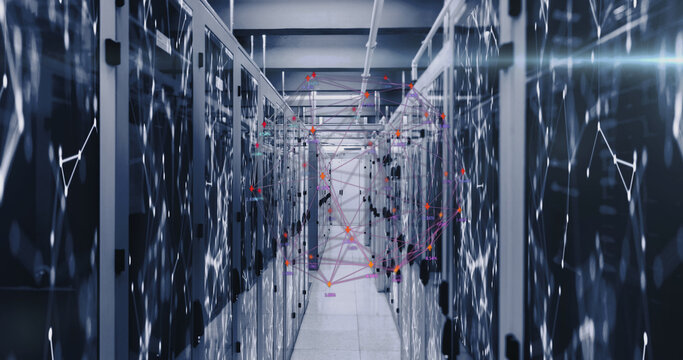 Image of moving shapes over server room - Powered by Adobe
