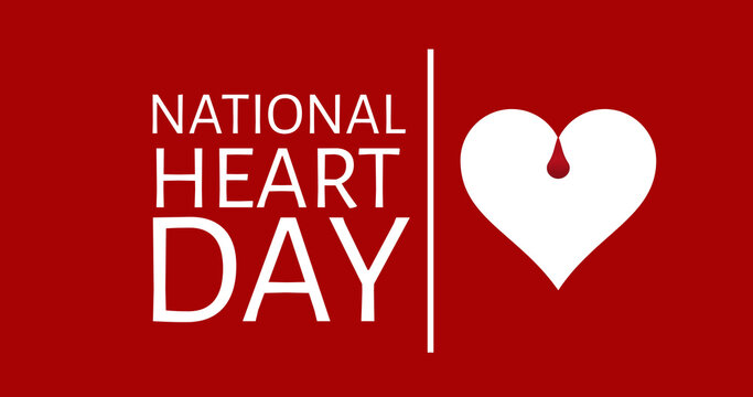 Image of national heart day text over heart on red background