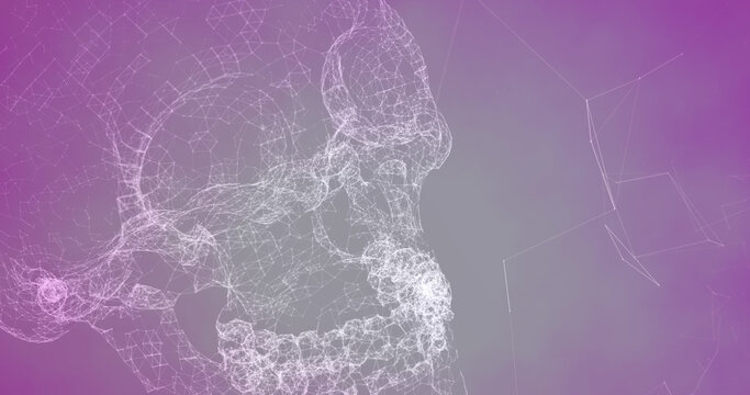 Digital image of network of connections forming a human skull against purple gradient background - Powered by Adobe