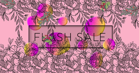 Image of flash sale text in frame over glowing blobs and flowers on pink background