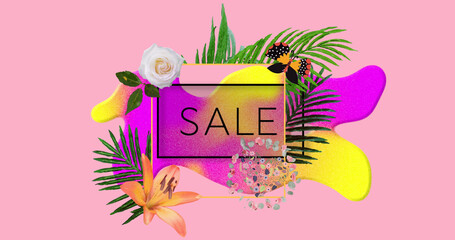 Image of sale text in frame over glowing blob and flowers on pink background