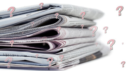 Image of question marks over newspapers on white background