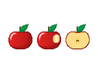 Classic abstract illustration with red pixel and bitten apple for game design. Pixel vector illustration. Abstract background