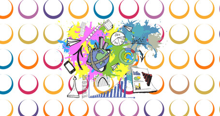 Image of business icons over colorful circles on white background