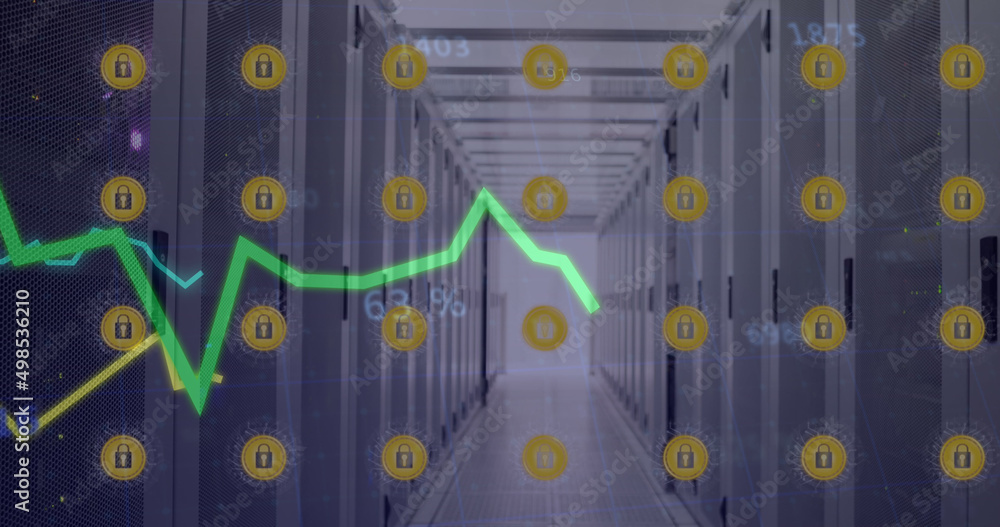 Poster image of lines processing with online security icons over computer servers