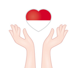 Vector hands trying to catch a heart composed flag of Monaco. Isolated on white background