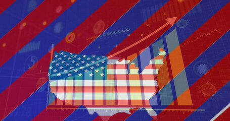 Image of american flag with statistics processing