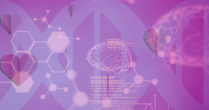 Image of heart icons, human brain and data over dna strand on pink background