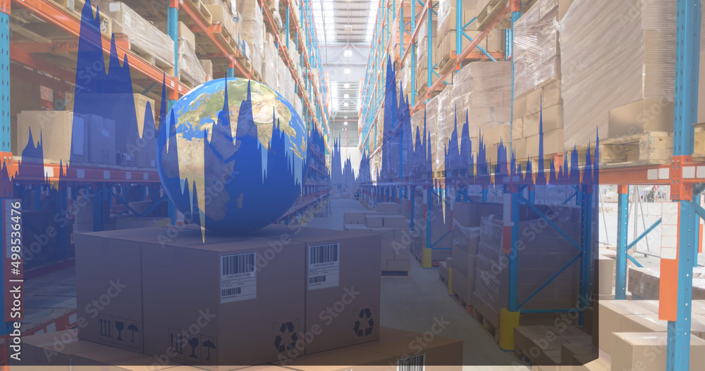 Poster image of statistics processing over globe and cardboard boxes in warehouse