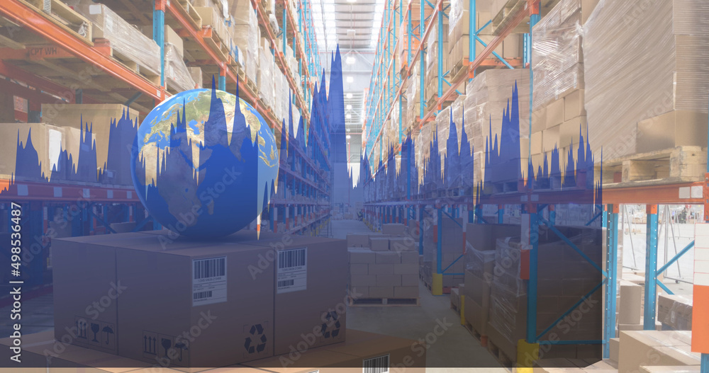 Poster image of statistics processing over globe and cardboard boxes in warehouse