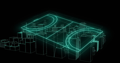 Image of green neon sports field and cityscape spinning