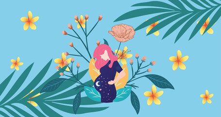 Image of pregnant woman over moving flowers and leaves on blue background
