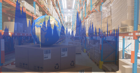 Image of statistics processing over globe and cardboard boxes in warehouse