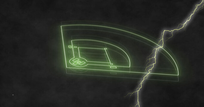 Image of neon green basketball field and lightnings