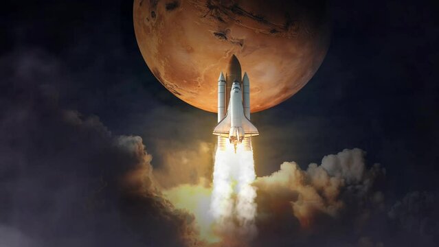 Space Shuttle takes off to mars. Elements of this image furnished by NASA.