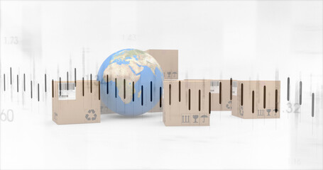 Image of statistics processing over globe and cardboard boxes on white background