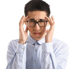 Young Asian man in eyeglasses worrying on white background