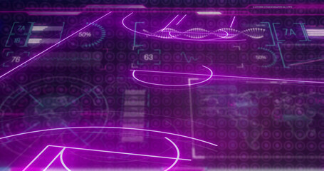 Image of neon purple sports field and data processing