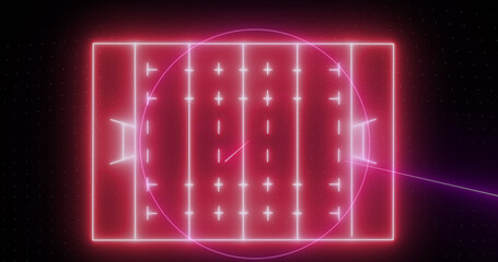 Image of neon red rugby field and glowing geometric figures