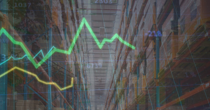 Image of statistics processing with lines over warehouse