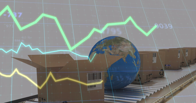 Image of statistics processing over cardboard boxes and globe on conveyor belt