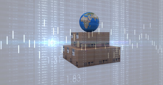 Image of statistics processing over globe and cardboard boxes