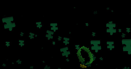 Image of puzzle over black background with floating green puzzles