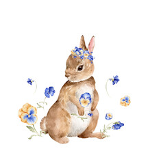 Happy Easter!  Watercolor set with cute Easter bunny and flowers. 