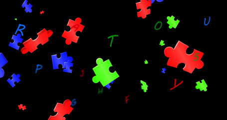 Image of blue, green and red puzzles floating over black background