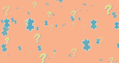 Image of puzzles and question marks floating over orange background