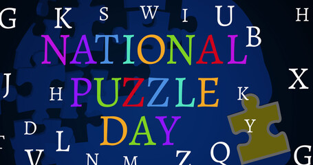 Image of letters making national puzzle day writing on black background