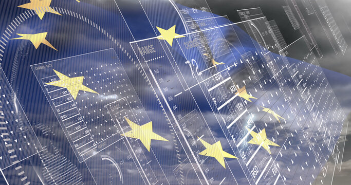 Image of european union flag and financial data processing - Powered by Adobe