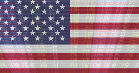 Image of statistics and financial data processing over flags of united states of america