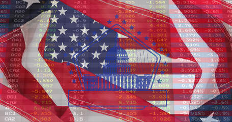 Afbeelding van statistieken en financiële gegevensverwerking boven vlaggen van de Verenigde Staten van Amerika