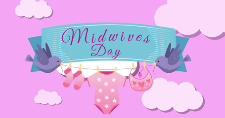 Image of midwives day and ribbon with baby clothes and birds over pink background with clouds