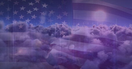 Image of data processing over clouds and flag of america