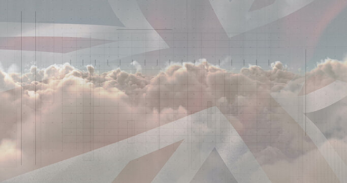 Image of data processing over clouds and flag of uk - Powered by Adobe