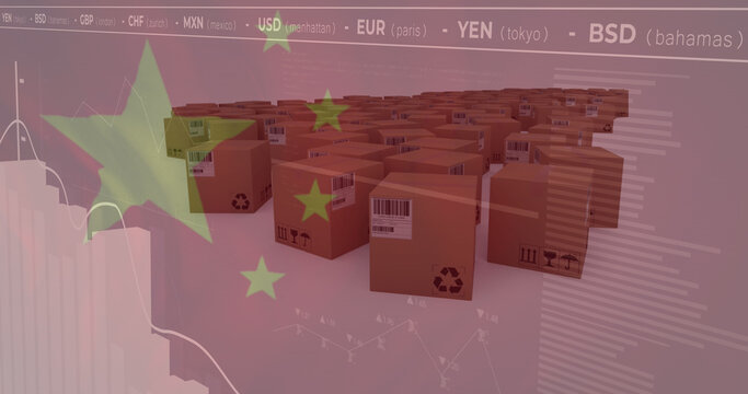 Image of data processing over boxes and flag of china