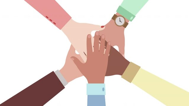 Hands of diverse group of people putting together. Concept of cooperation, unity, togetherness, partnership, agreement, teamwork, social community or movement. 4K Animation.