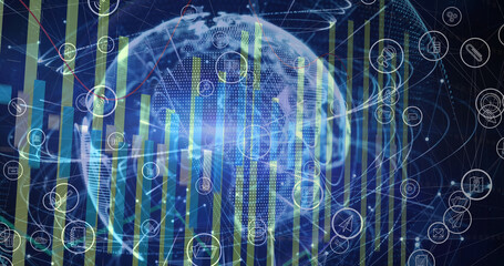 Image of icons and financial data processing over globe on black background